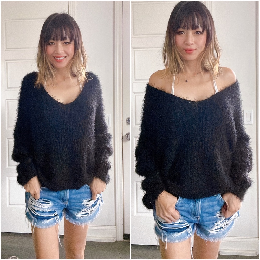 038 Cozy Black Fuzzy Off Shoulder Sweater Top - Picture 1 of 4